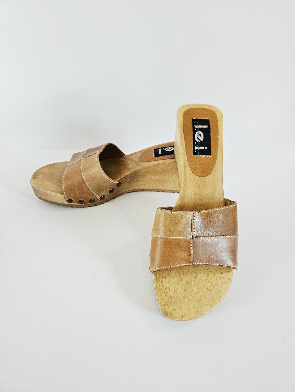 Vintage l.e.i. Wooden Diedra Platform Patchwork Leather Slip On Mule Sandals 8.5 - Picture 5 of 16